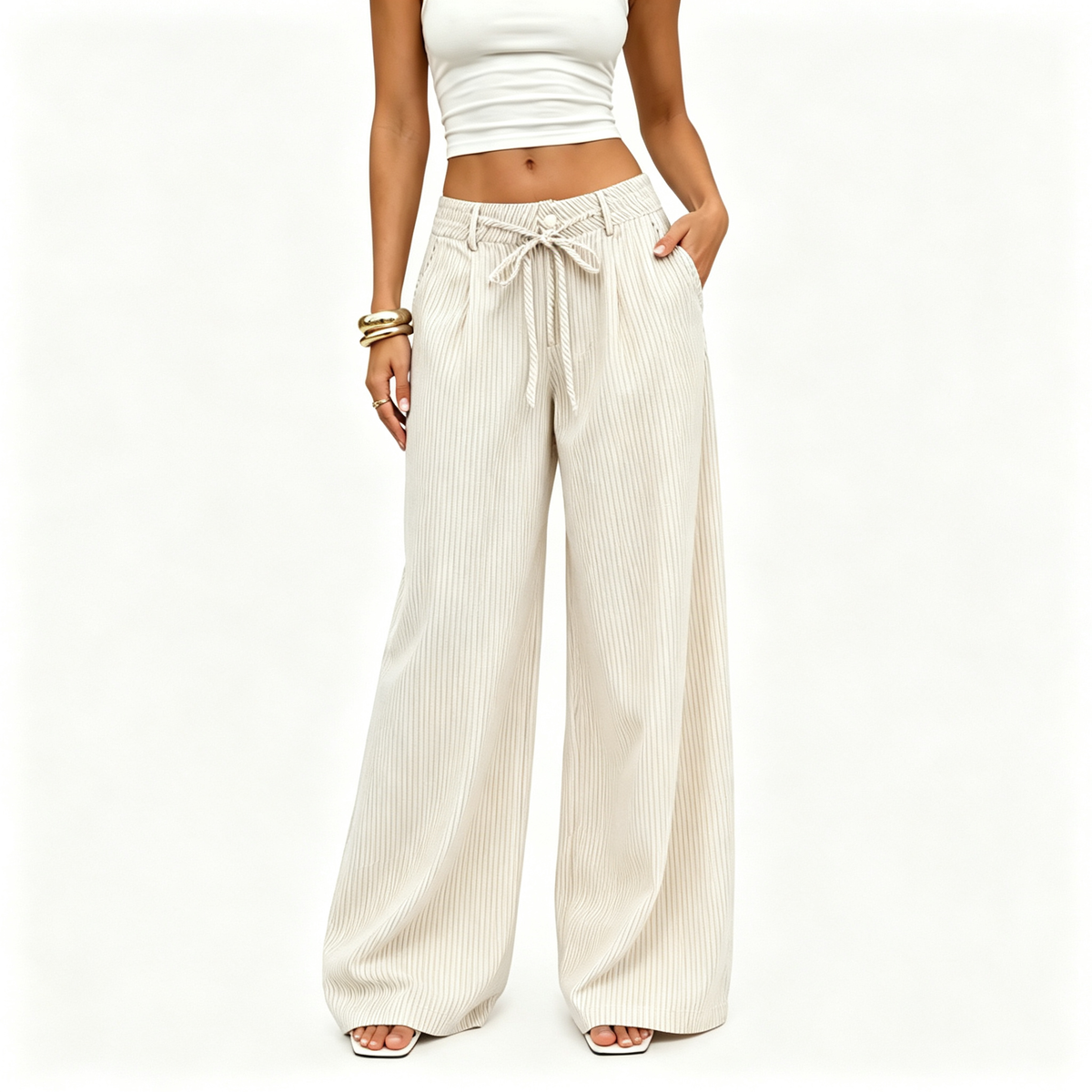 ⚡FINAL SALE⚡- Women's Striped With Pockets Black Baggy Low Rise Wide Leg Pants