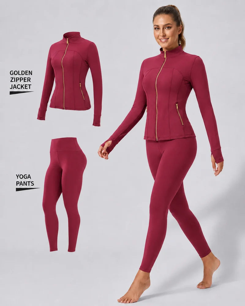 Women's Gold-Color Zip-Up Jacket & Yoga Leggings Set