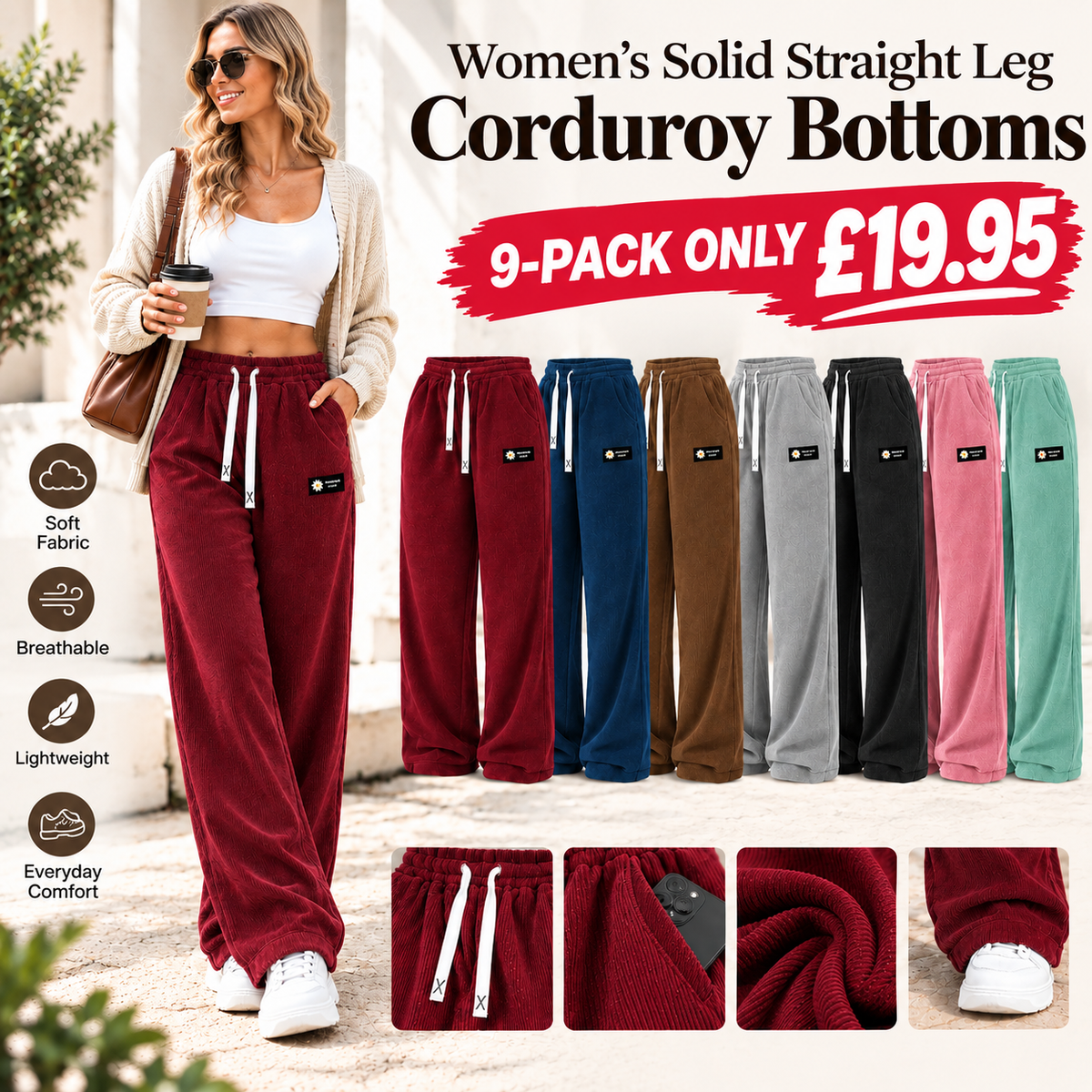 🔥LAST DAY SALEWomen's Solid Straight Leg Corduroy Bottoms-100% Cotton