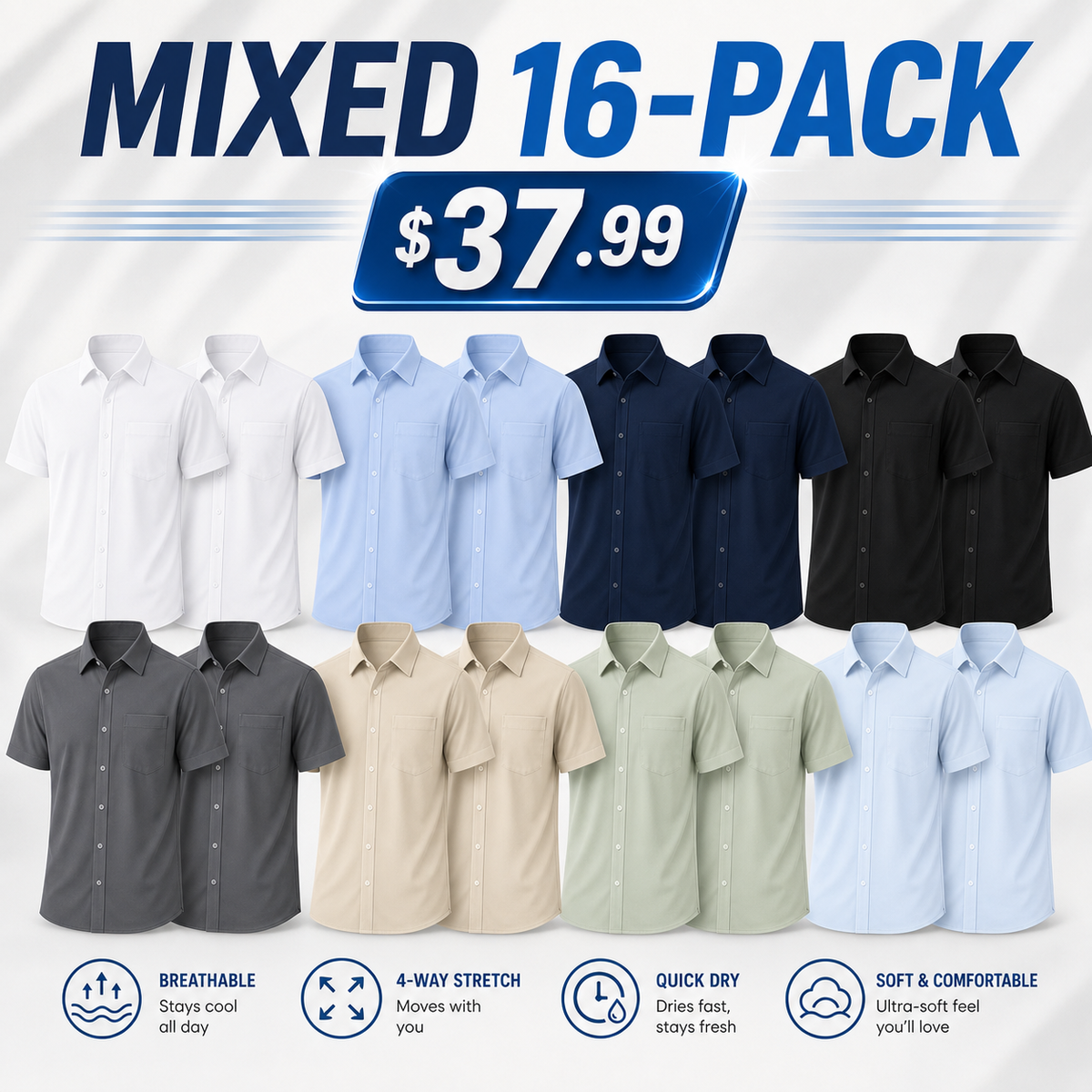Limited Deal 8-Pack Men's Breathable Quick-Dry Stretch Short Sleeve Button-Front Shirts