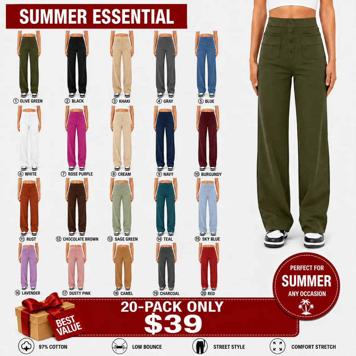 High Waisted Button Multiple Pockets Straight Leg Casual Pants