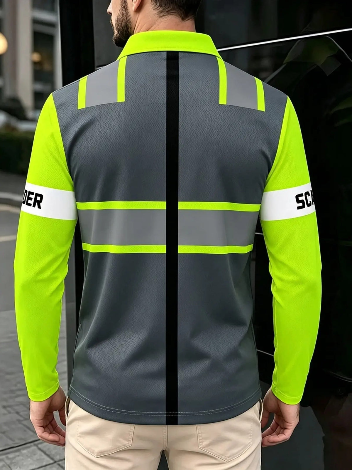 Men's Long Sleeve Safety Knitted Polo Shirt Reflective Fluorescent Stripes Casual Graphic Loose Fit Top
