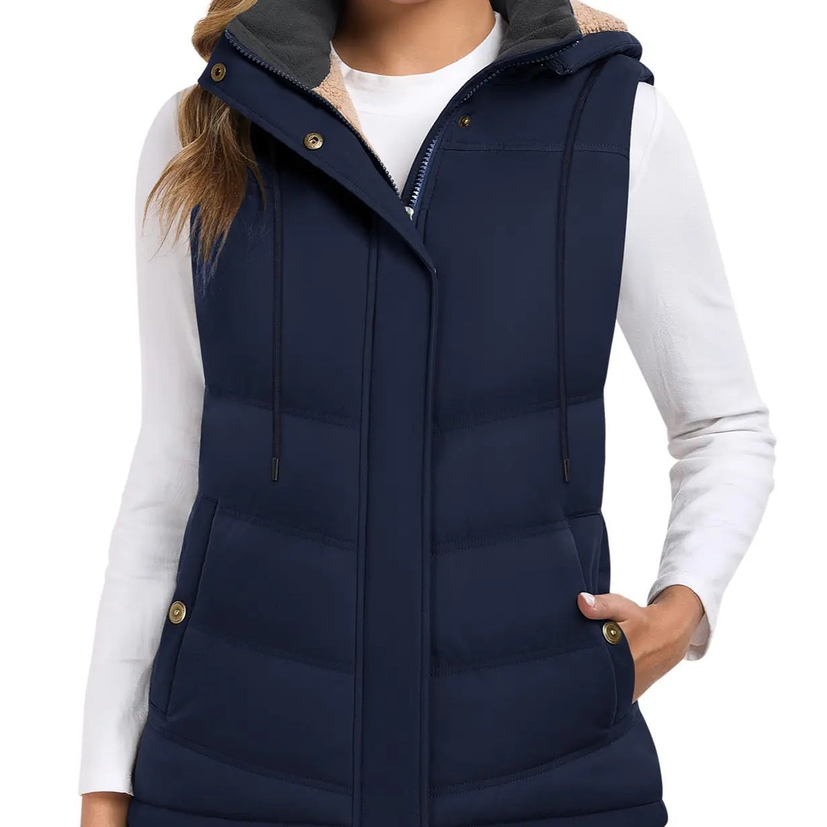 Women's Sherpa Fleece Lined Puffer Vest, Removable Hood Sleeveless Quilted Gilet, Lightweight Insulated Casual Winter Outerwear