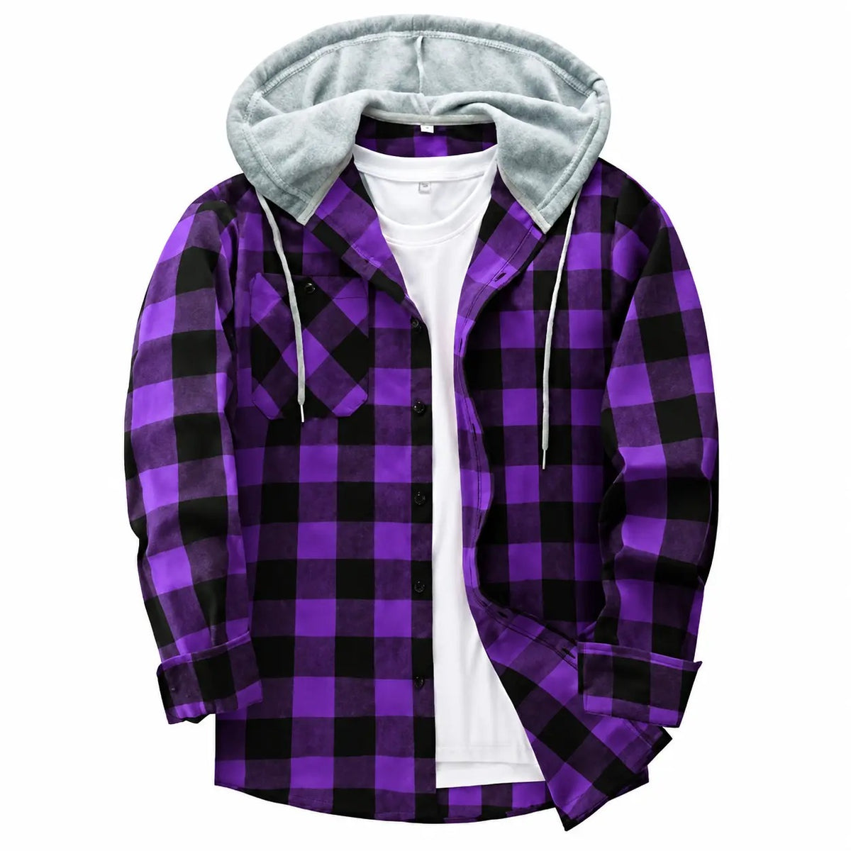 Men's Plaid Hooded Shirt Jacket, Long Sleeve Front Buckle Ankle Drawstring Casual Coat with Pockets