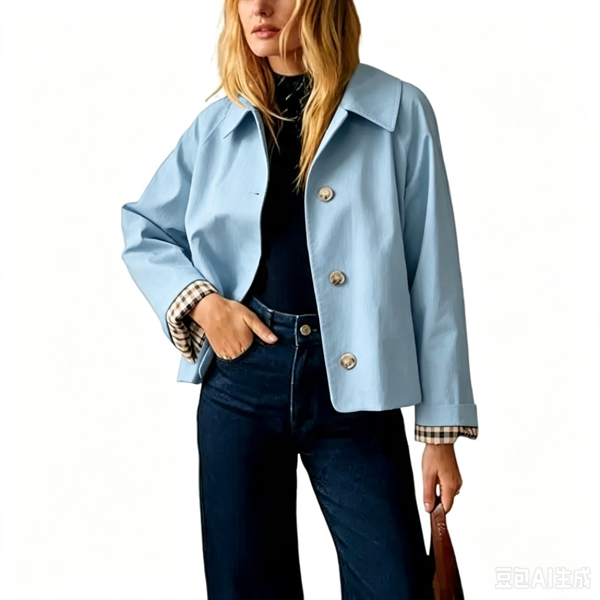 Women's Cropped Trench Coat Classic Lapel Oversized Casual Jacket with Plaid Lining, Lightweight Seasonal Outerwear