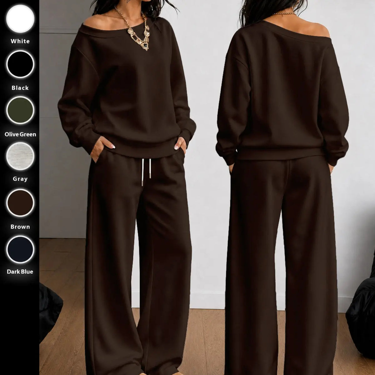 Women's 100% Cotton Two-Piece Set with Asymmetrical Sweatshirt & Wide-Leg Pants