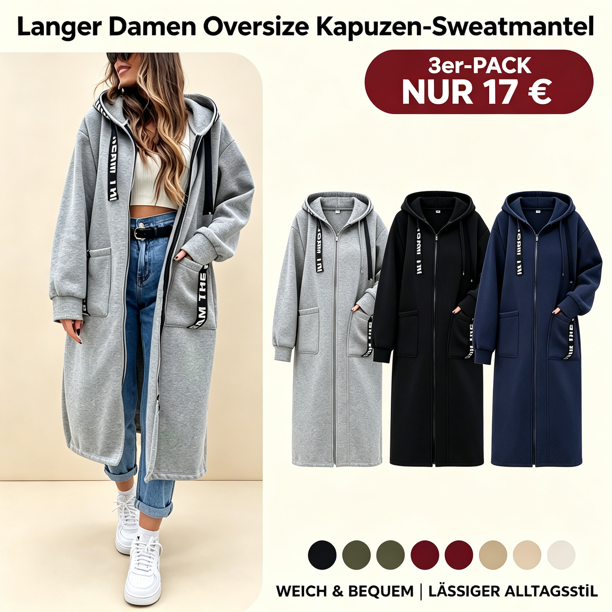 Oversize-Kapuzen-Sweatshirt-Mantel für Damen
