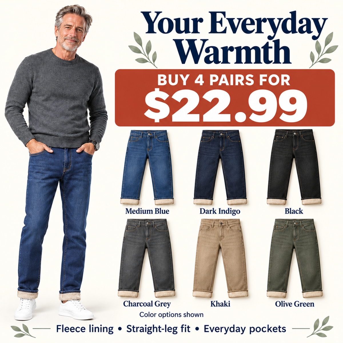 👖 Men's Fleece-Lined Straight-Leg Jeans 🔥 2 Pairs for $19.99 | 4 Pairs for $22.99 | BEST VALUE: 6 Pairs for $24.99
