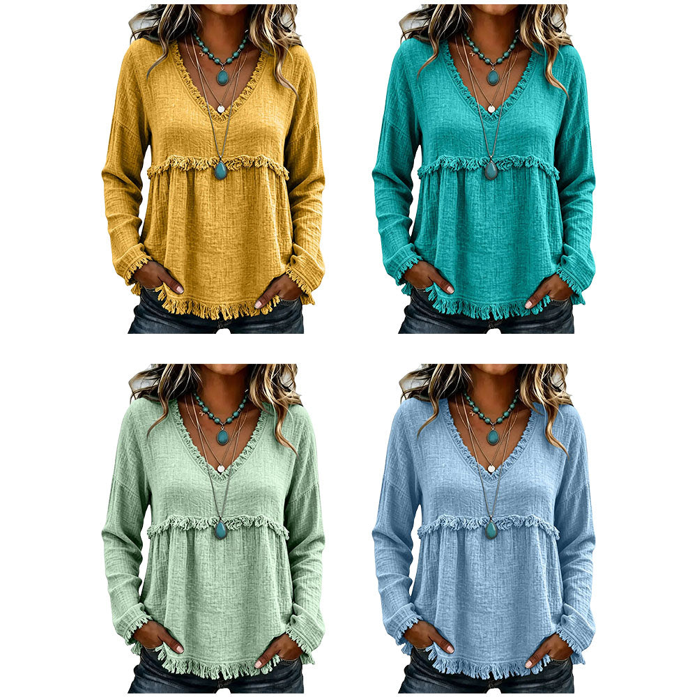 Women's Boho V Neck Long Sleeve Fringe Top