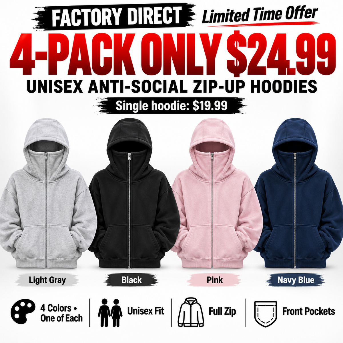 Unisex Graphic Zip-Up Hoodies | 4 Colors for $24.99