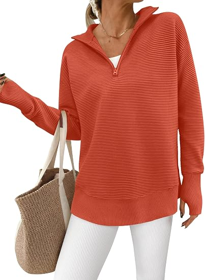 Women's Ribbed Half-Zip Tunic Sweater – Relaxed Fit Long Sleeve Pullover