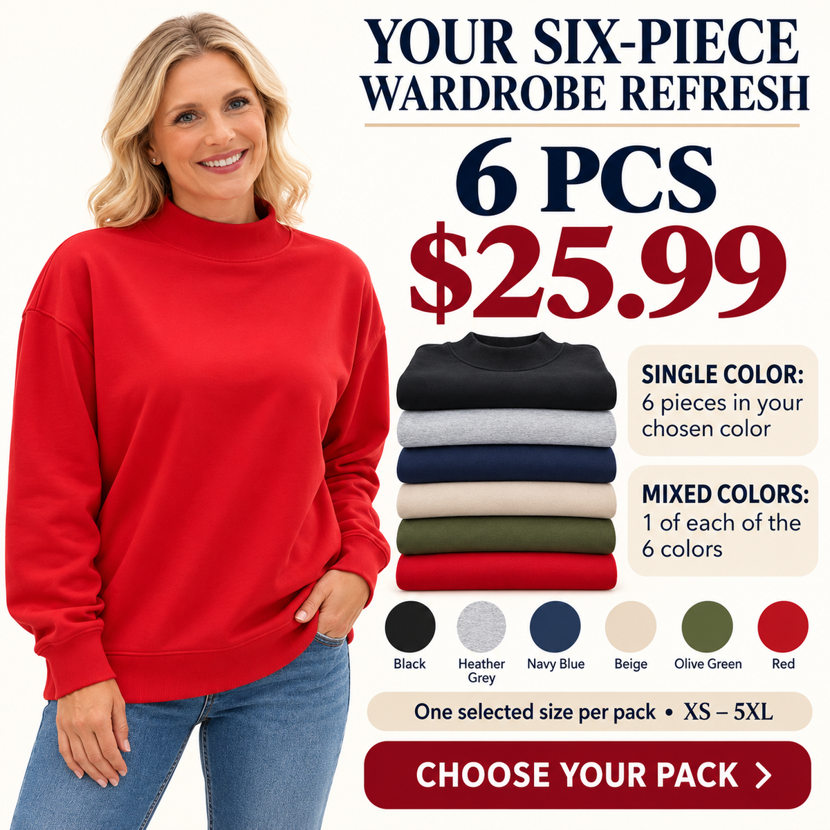 Unisex High-Neck Casual Sweatshirt | Relaxed Fit — 6-PACK ONLY $25.99