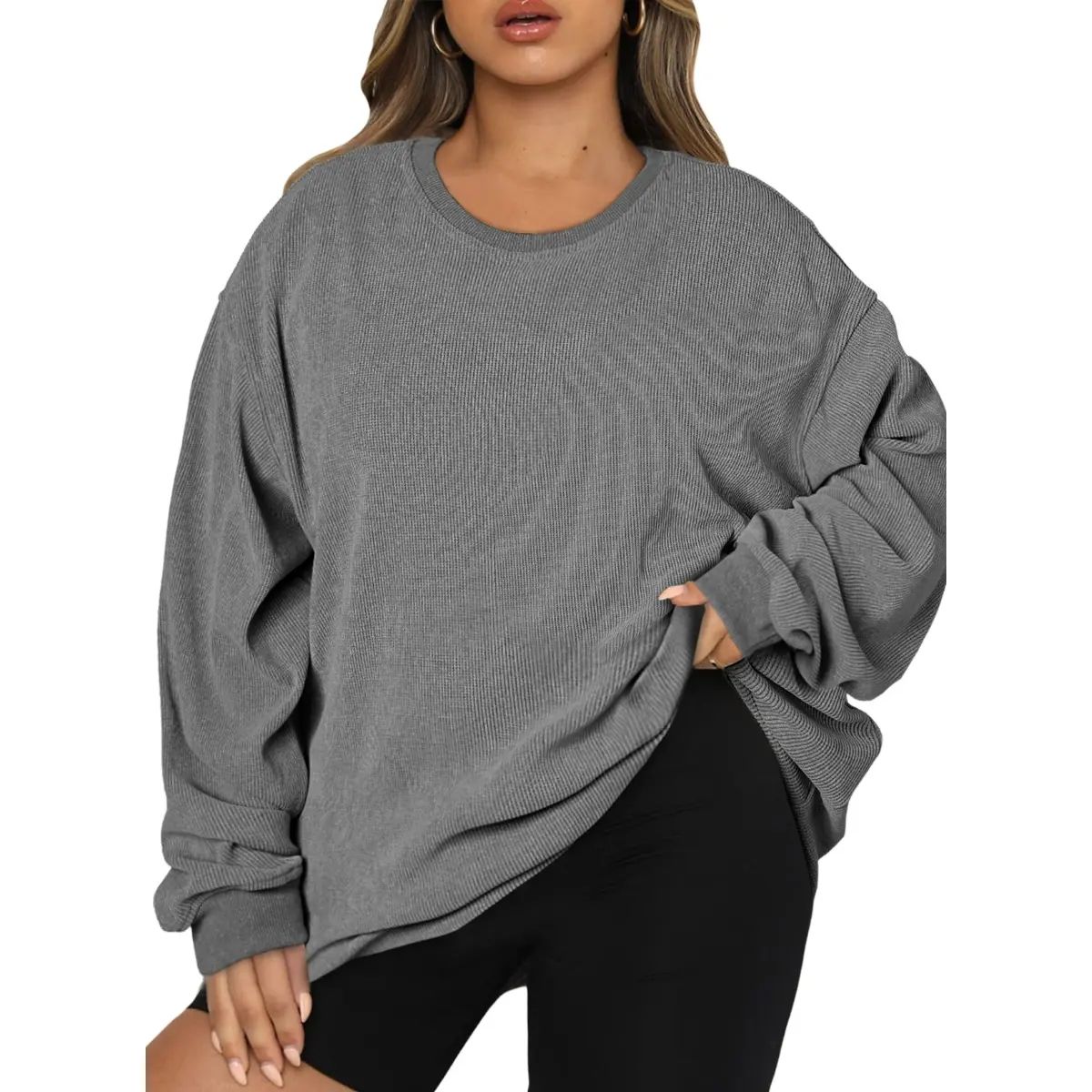 Women's Oversized Corduroy Sweatshirt, Casual Crewneck Long Sleeve Lightweight Pullover
