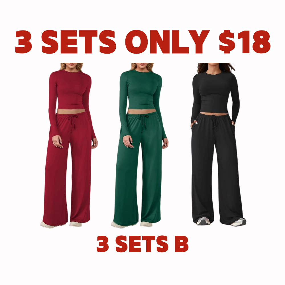 Women's 2-Piece Activewear Set Long-Sleeve Crop Top & Wide-Leg Pants Stretchy Fabric for Yoga