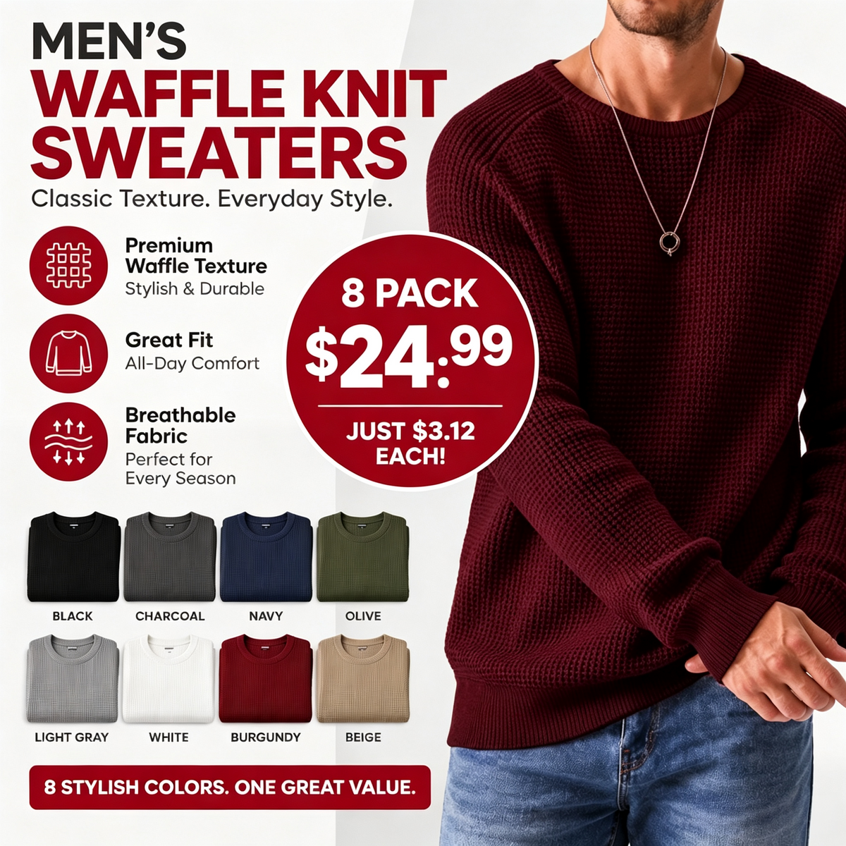 Modern waffle knit sweater for men
