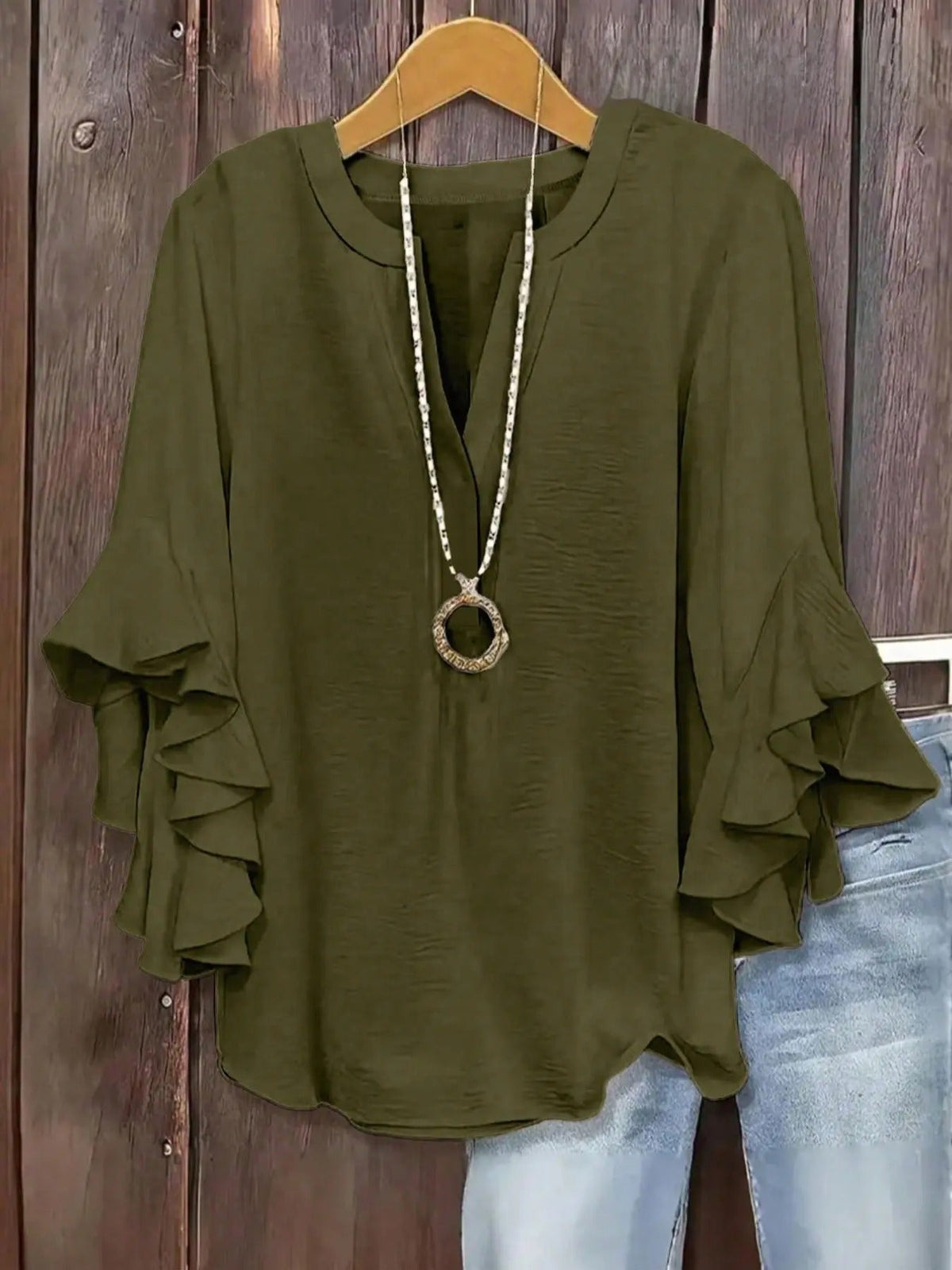 Plus Size Women's Ruffled Sleeve V-Neck Shirt Blouse Tops, Elegant Floral Design