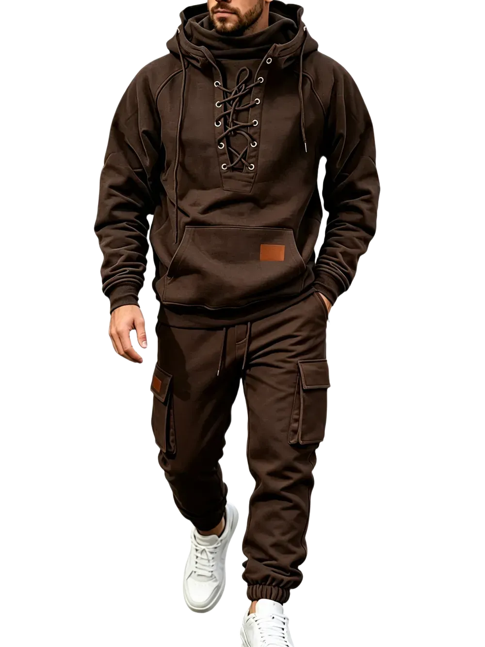 Men's Chest Tie‐Up Hoodie And Multi‐Pocket Ankle‐Cuffed Joggers