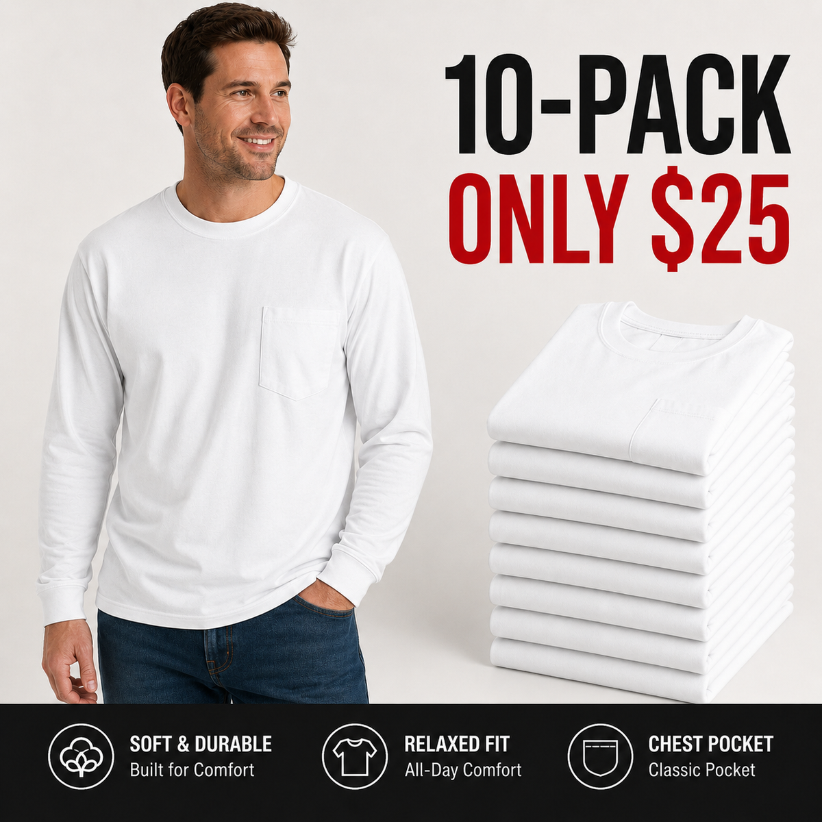 Men's Heavyweight Cotton Pocket T-Shirt, Relaxed Fit Casual Tee