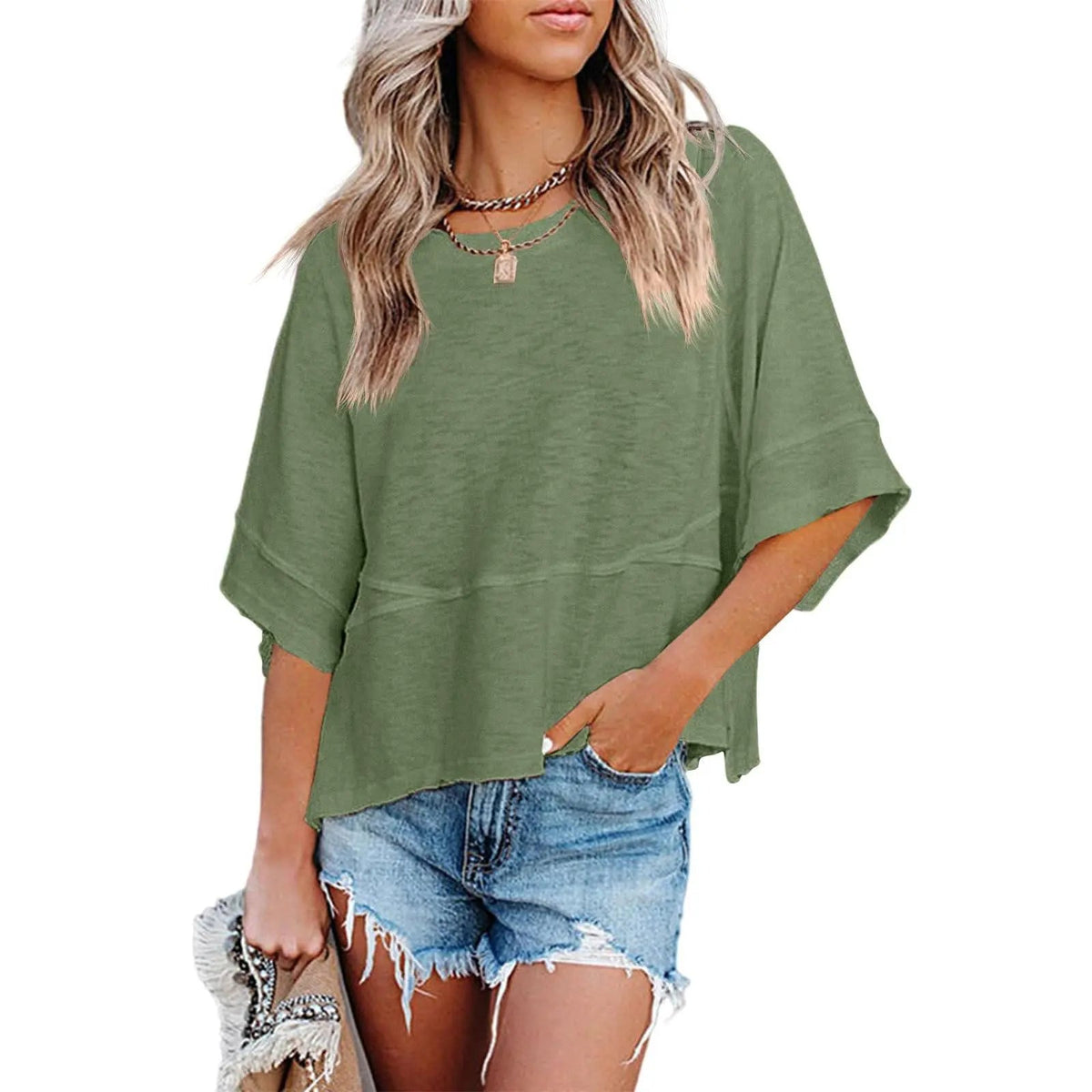 【LAST DAY SALE】Women's Casual Batwing Half Sleeve Crewneck Tee – Loose Fit Flowy Summer Top