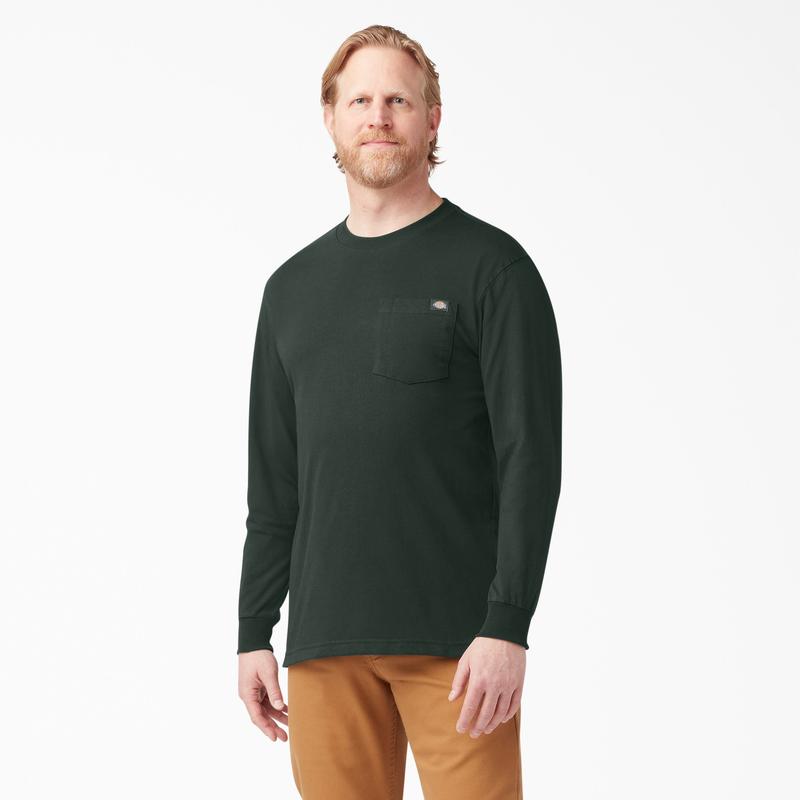 Heavyweight Long Sleeve Pocket T-Shirt,100% Cotton,Long Tail,Tagless Label,Classic Crew Neck,Chest Pocket,Workwear Style