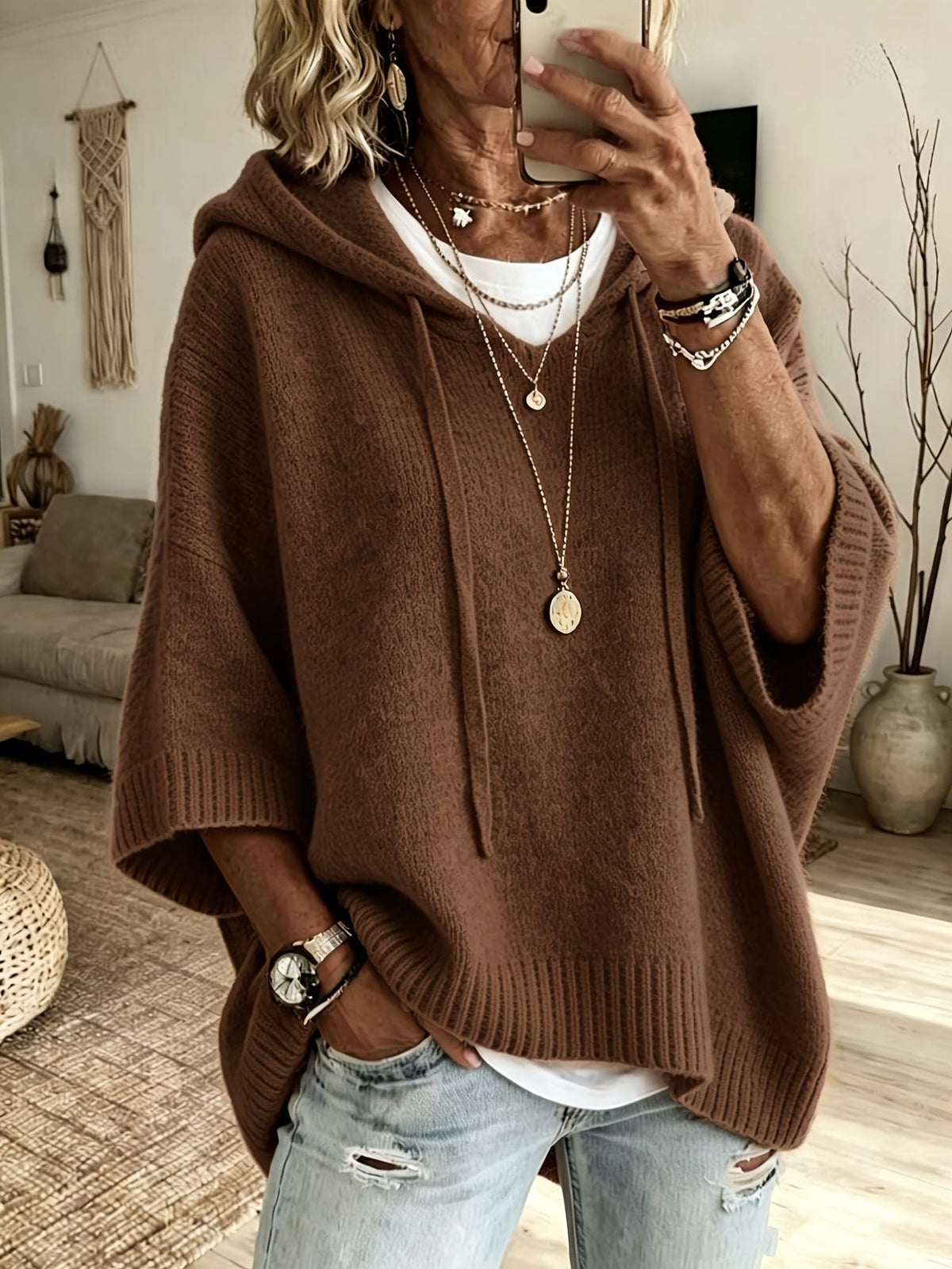 Women's Loose-Fit Knitted Hoodie With Drawstring