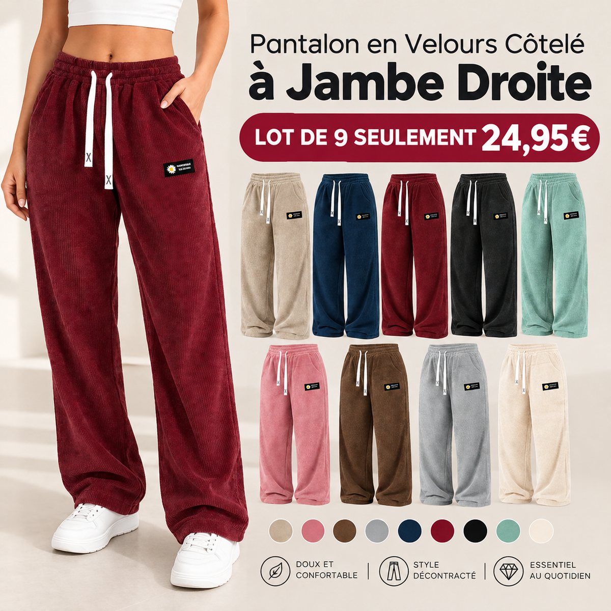 Pantalon en velours côtelé uni pour femme à coupe droite