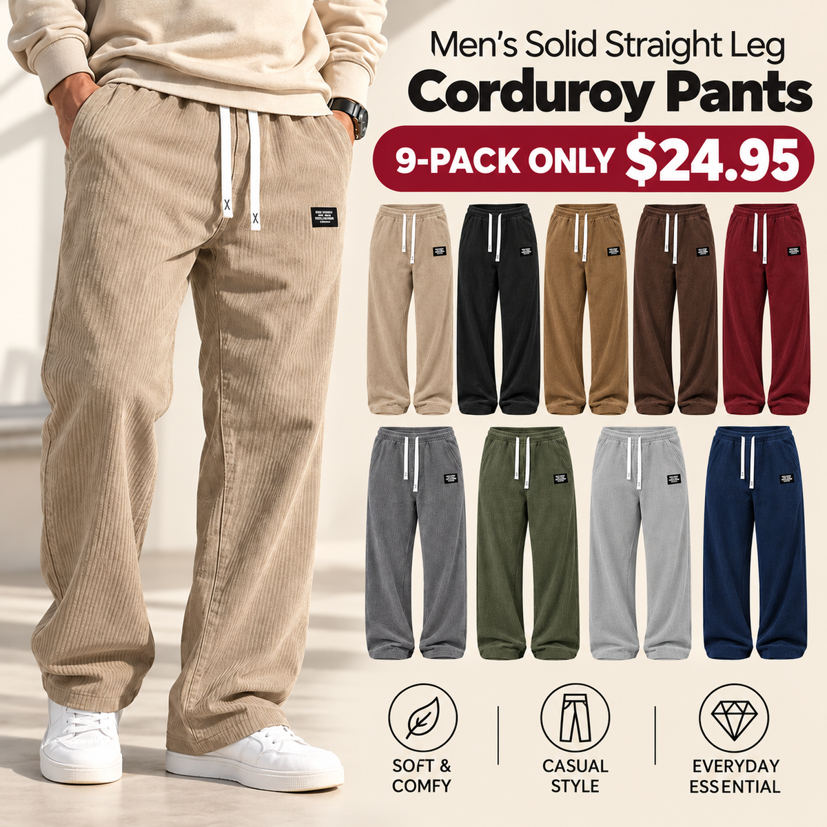 LAST DAY SALE Men's Relaxed Straight Leg Corduroy Pants - 100% Cotton