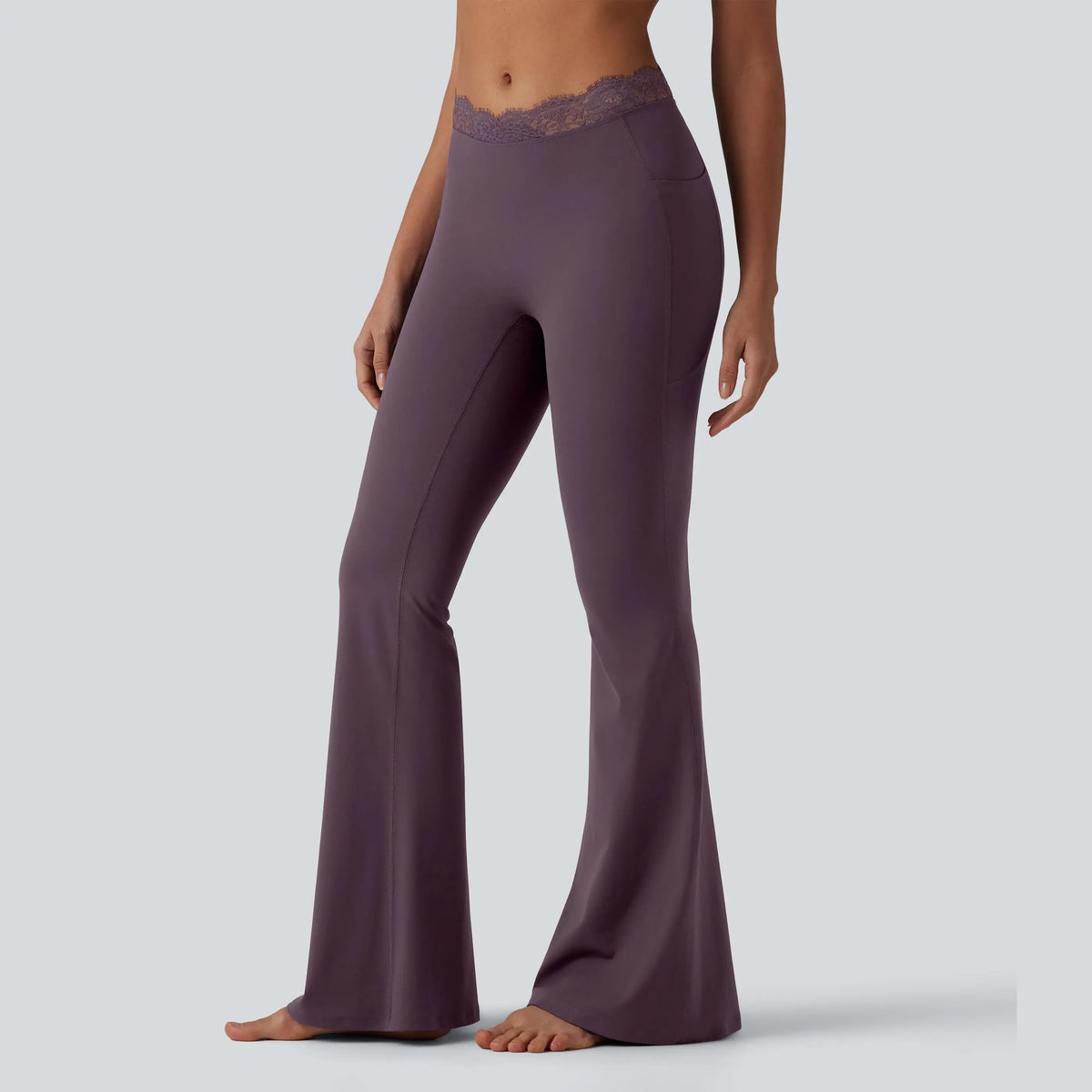Women's UltraSculpt V-Shaped High Waisted Contrast Lace Yoga Flare Leggings with Pockets