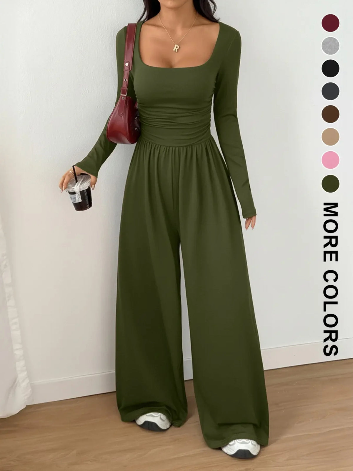 Women's 100% Cotton Long Sleeve Knit Wide-Leg Jumpsuit with Pockets