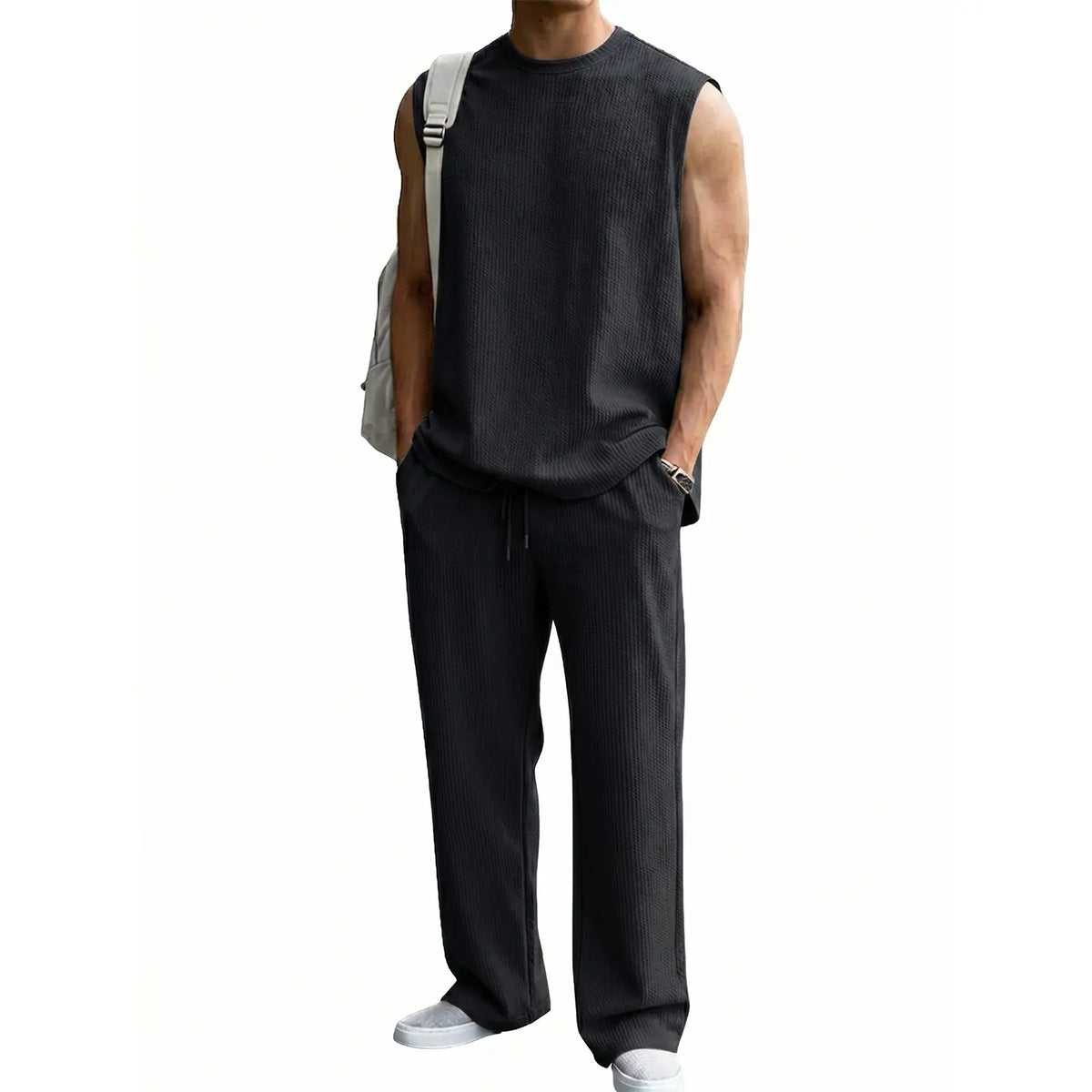 Mens 2 Piece Rib Knit Sweatsuit Summer Sleeveless Tank Top Baggy Wide Leg Pants Set