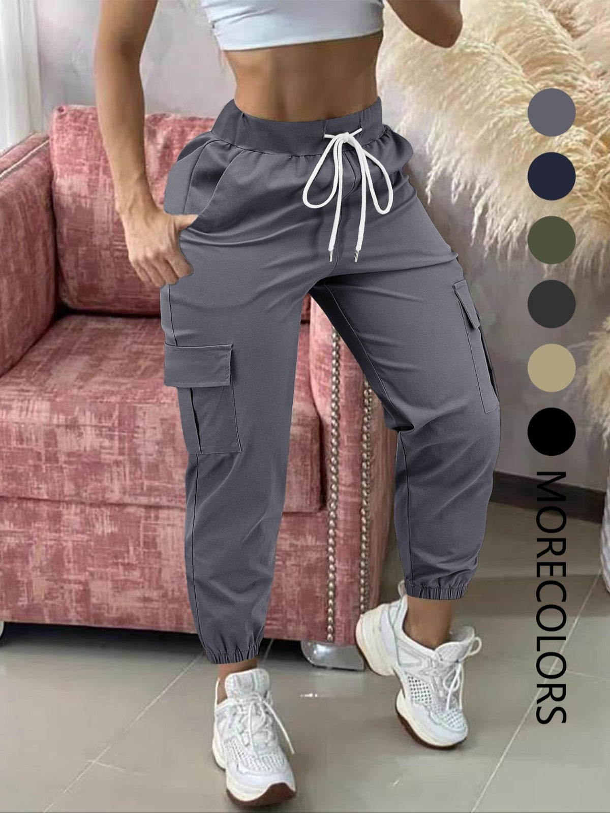 Women's Plain Drawstring Waist Cargo Pants, Casual Pocket Trousers for Daily Wear