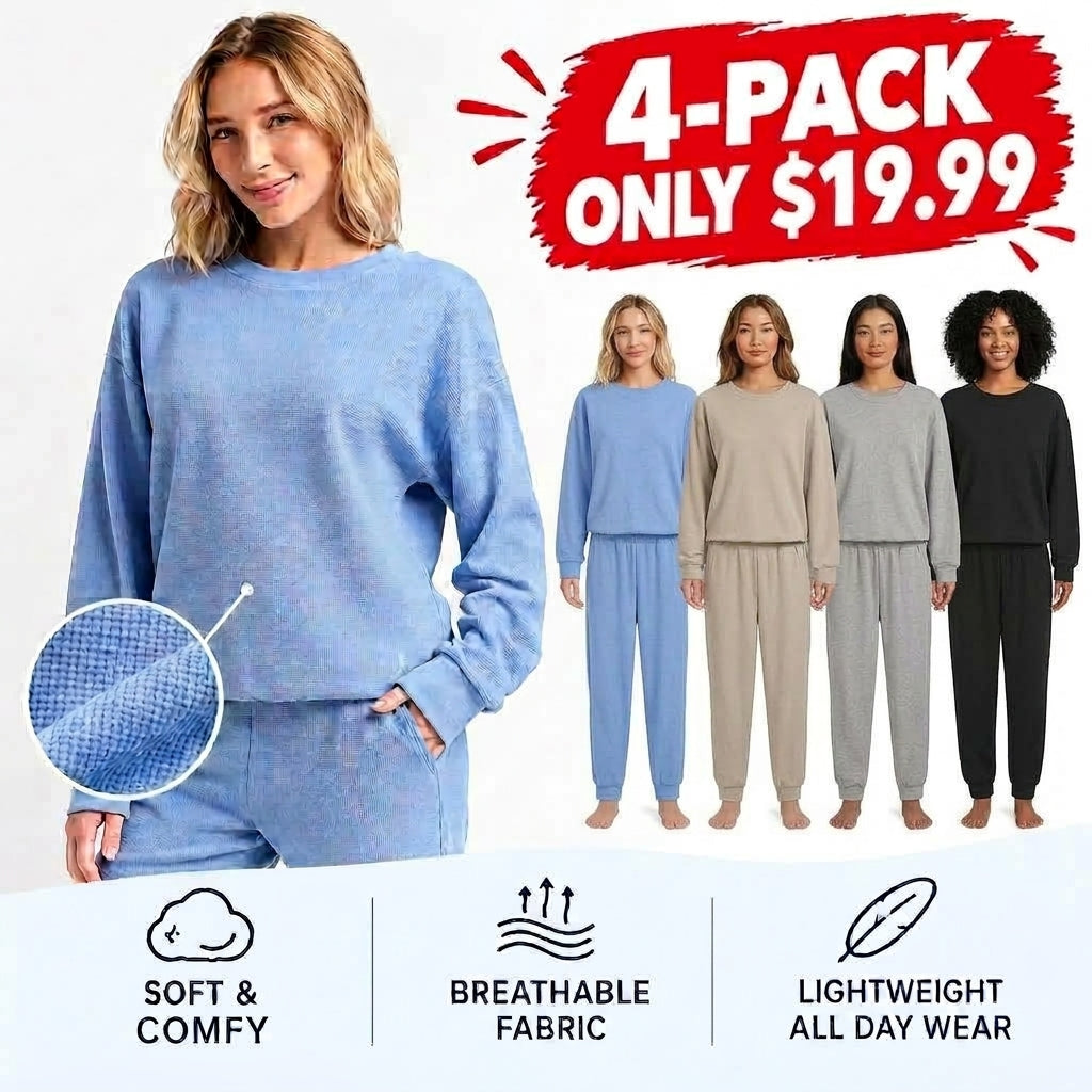 Waffle-Knit Long-Sleeve Casual Set | Lightweight, Textured Cotton Blend with Crew Neck