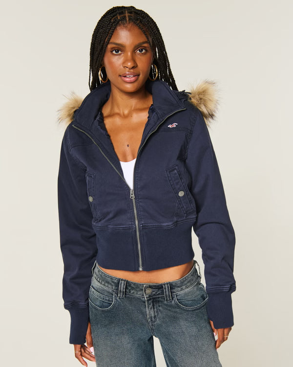 Factory Clearance | Women's Faux Fur Hood Cropped Twill Jacket, Winter Casual Outerwear