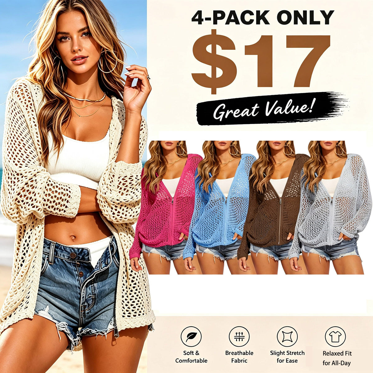 【Halloween Sale】Women's Crochet Lightweight Cardigan Zip Up