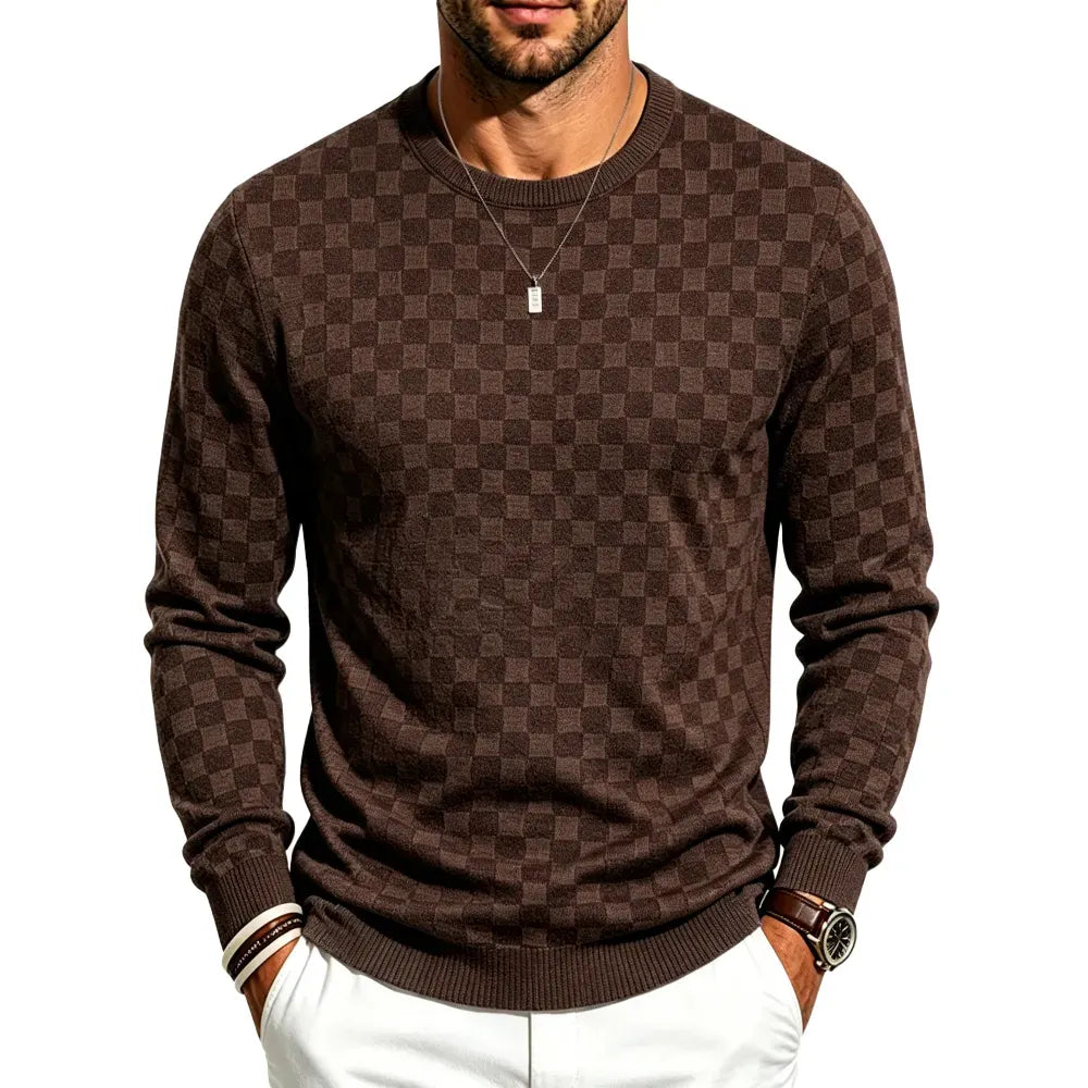 Men's Classic Plaid Knit Pullover with Textured Grid Pattern & Long Sleeves