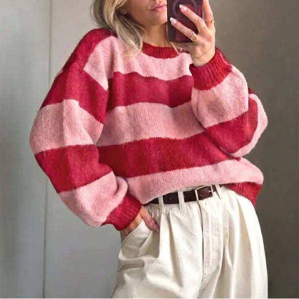 Retro Color Block Stripe Sweater, Oversized Knit Top