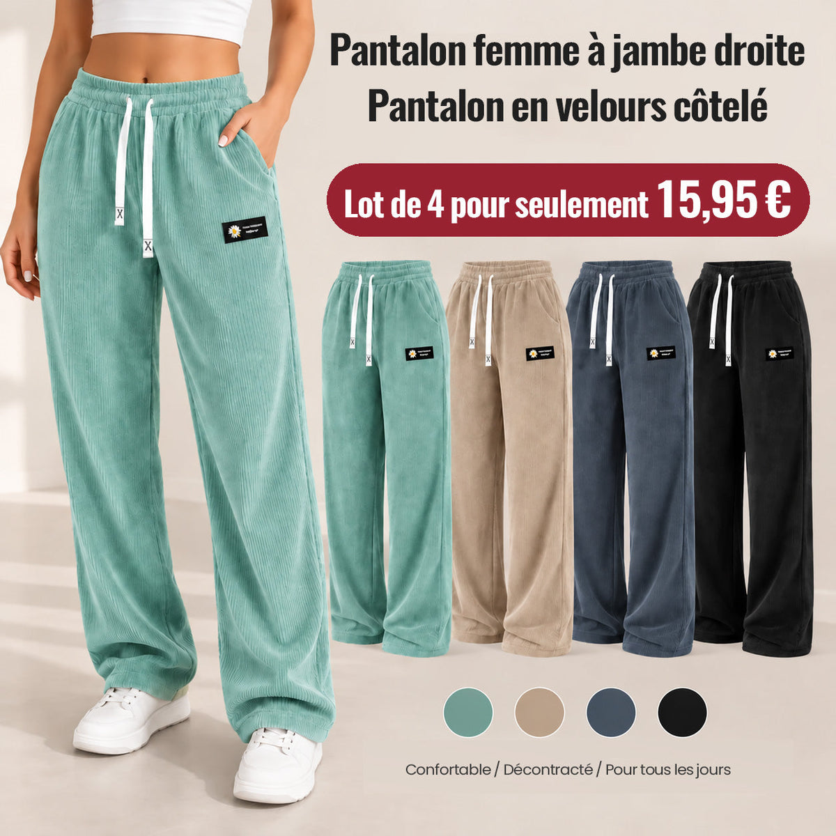 DERNIER JOUR DE VENTE Pantalon en velours côtelé pour femme à coupe droite – 100 % coton