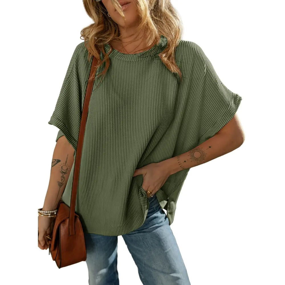 Women's Summer Casual Short Sleeve Solid Color Loose Texture Knit Tunic Tops