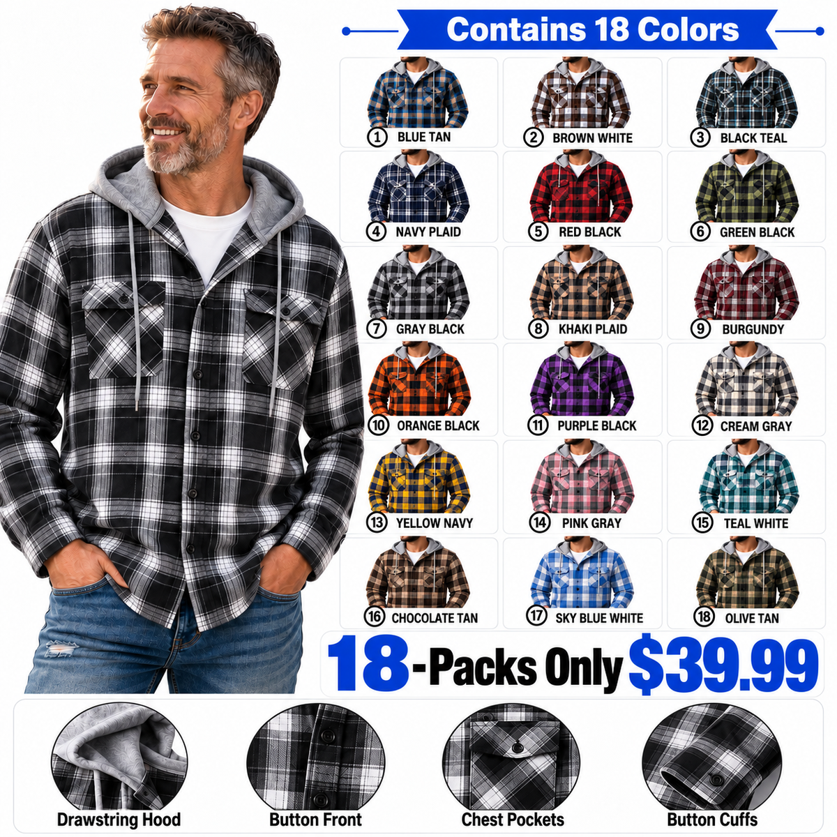 Men's Plaid Zip Up Hoodie Loose Fit American Style Brushed Hooded Sweatshirt