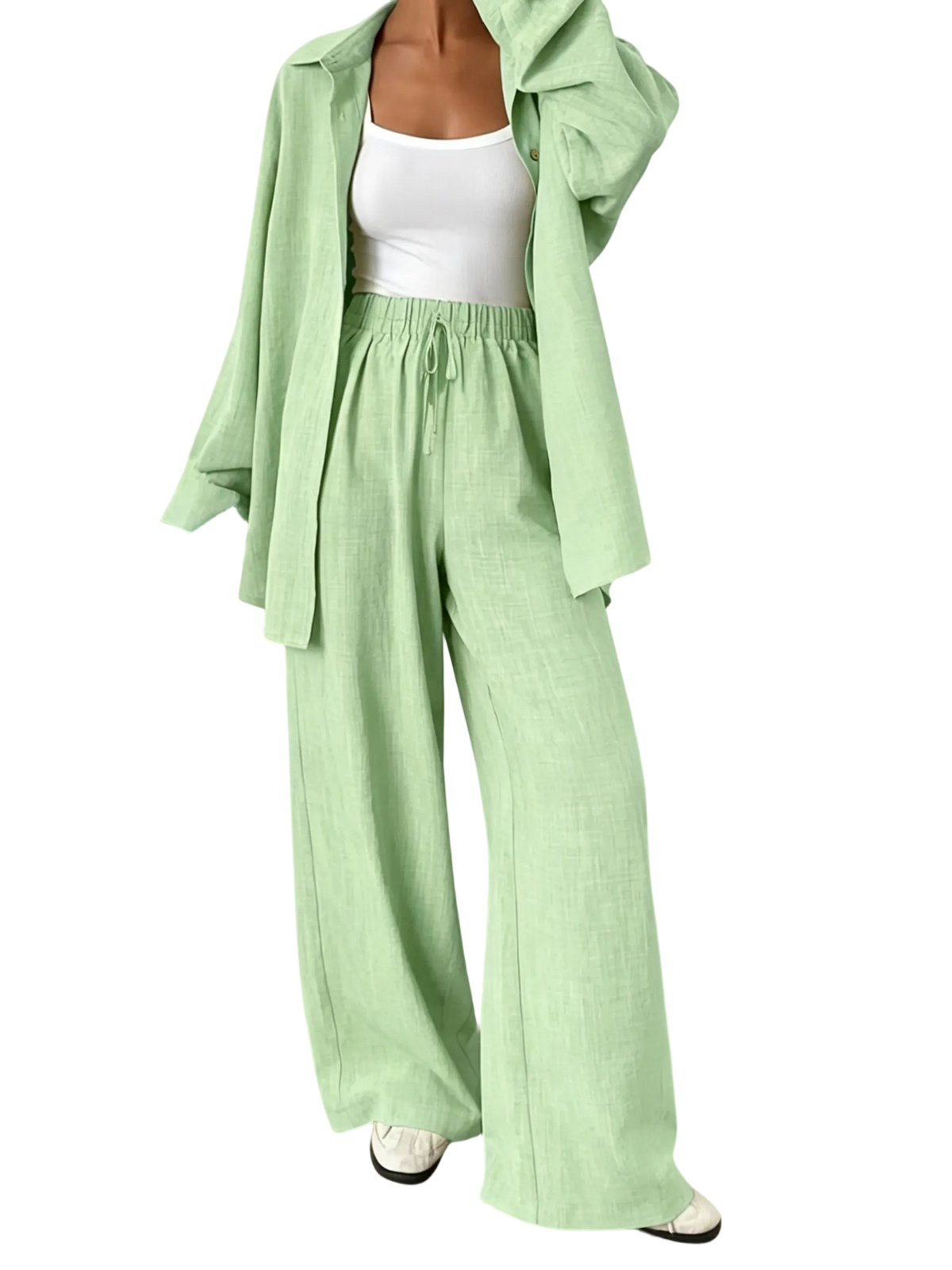 Women's casual athletic-style shirt and pants set—a two-piece ensemble featuring a loose-fitting button-down shirt and wide-leg pants, both comfortable and stylish