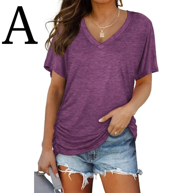 Soft V-Neck Loose Fit T-Shirt with Side Ruching