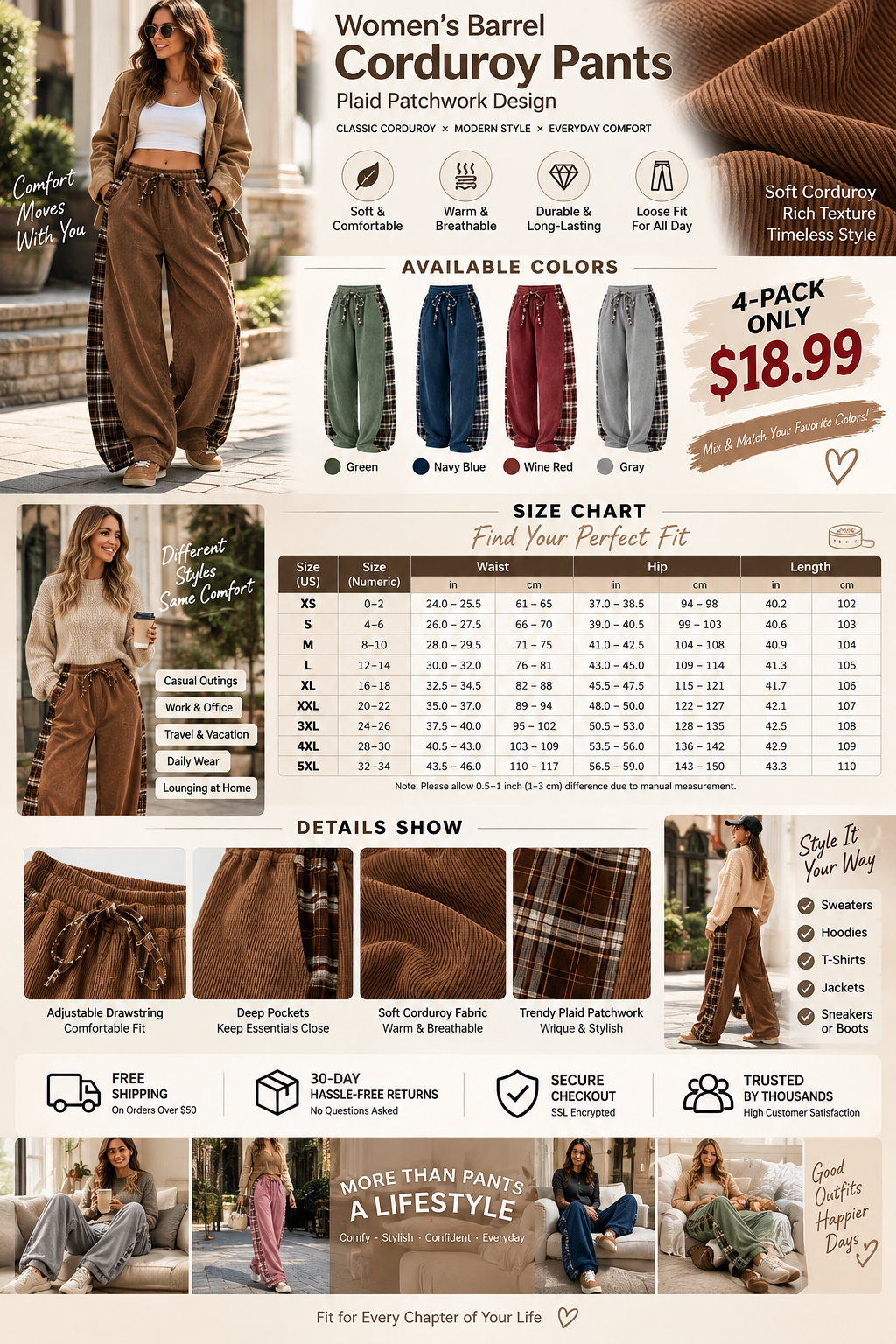 Women's Corduroy Barrel Pants🍂 FALL SPECIAL | 4 FOR ONLY $18.99! | BEST VALUE: 9 FOR ONLY $24.95
