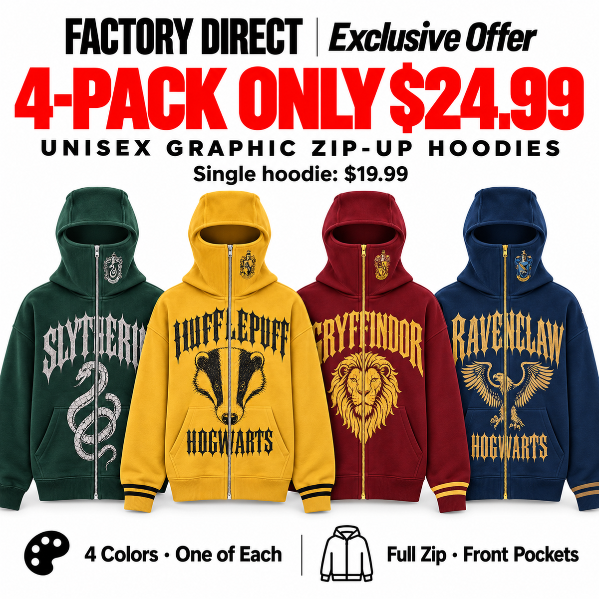 Unisex Graphic Zip-Up Hoodies | 4 Colors for $24.99