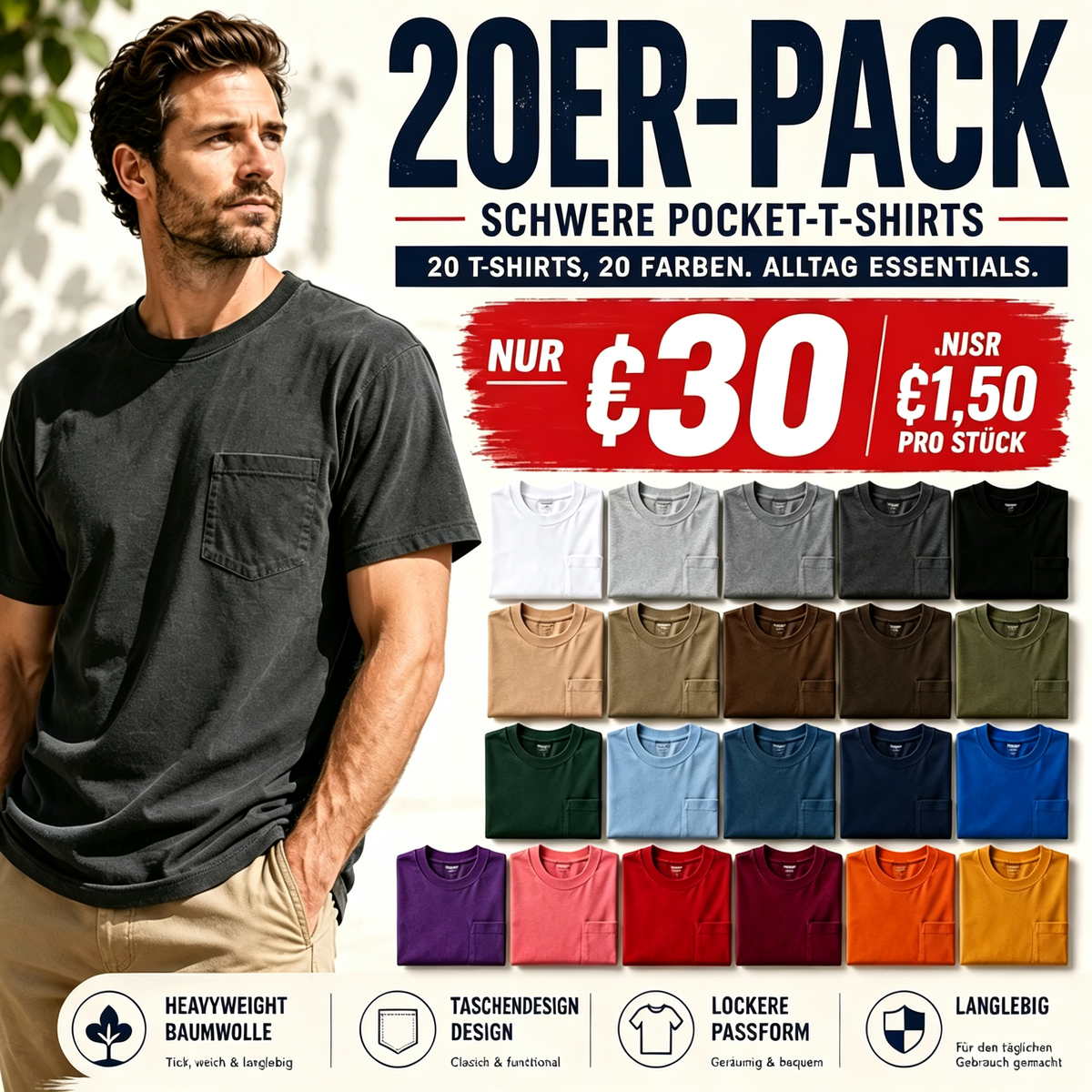 Herren-T-Shirt aus schwerer Baumwolle mit Brusttasche – Lockere Passform für Alltag und Freizeit