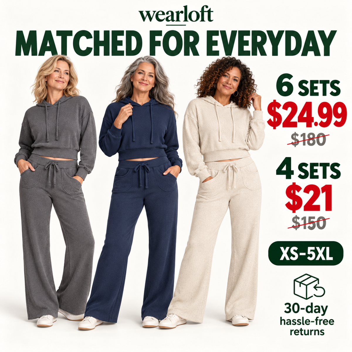 Cropped Hoodie & Wide-Leg Pants Sets | 6 Sets $24.99 / 4 Sets $21 | XS–5XL