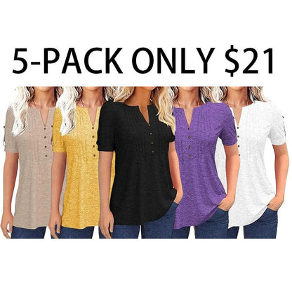 🔥Women's V Neck T Shirt – Casual Pleated Button Top, Loose Fit Short