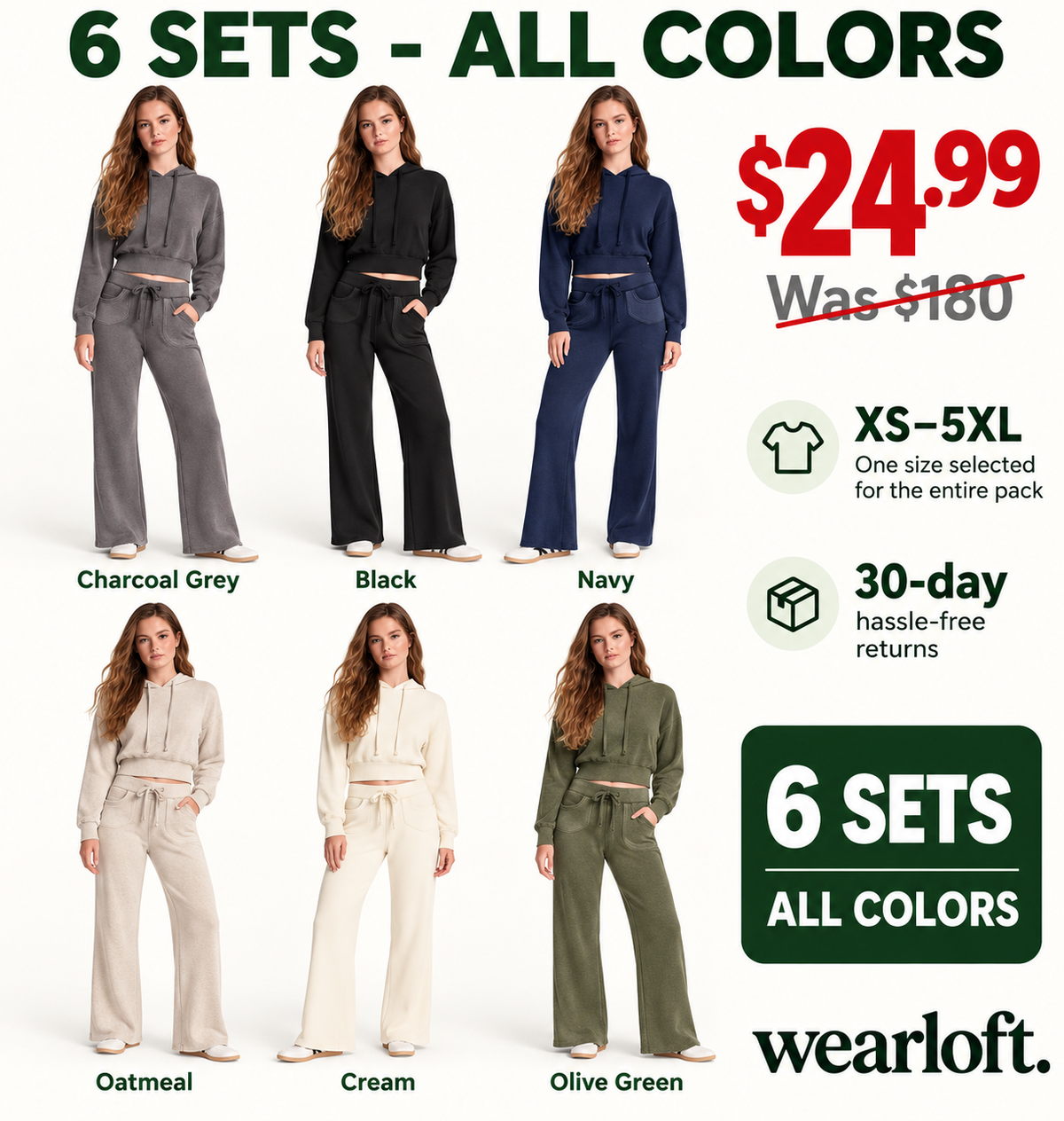 Cropped Hoodie & Wide-Leg Pants Sets | 6 Sets $24.99 / 4 Sets $21 | XS–5XL