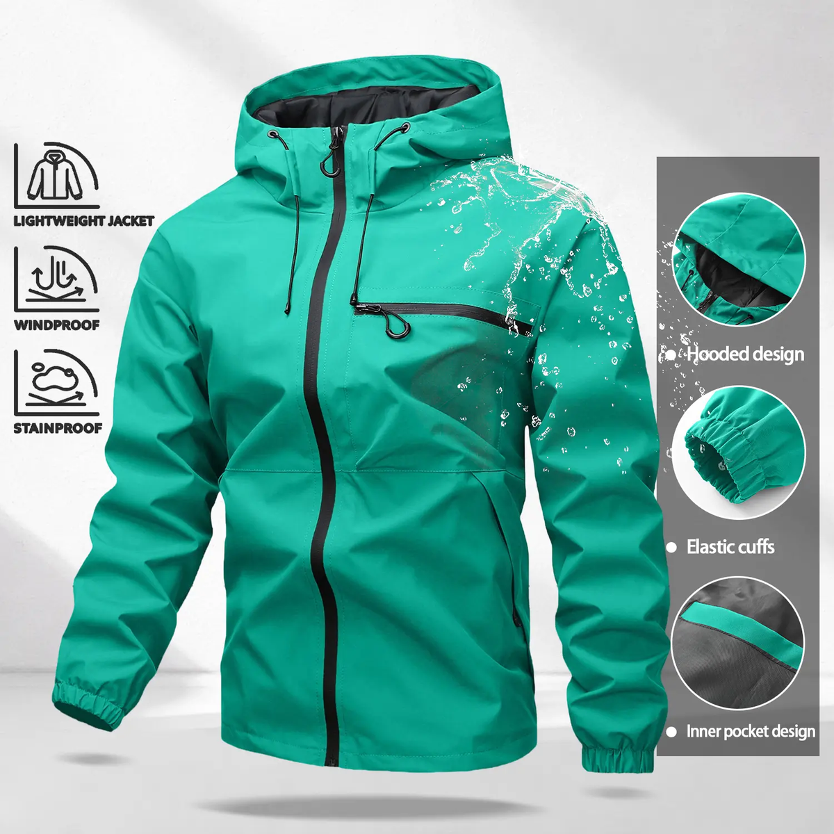 Unisex All-Weather Jacket—Waterproof and Windproof Lightweight Outdoor Hooded Jacket with Adjustable Cuffs