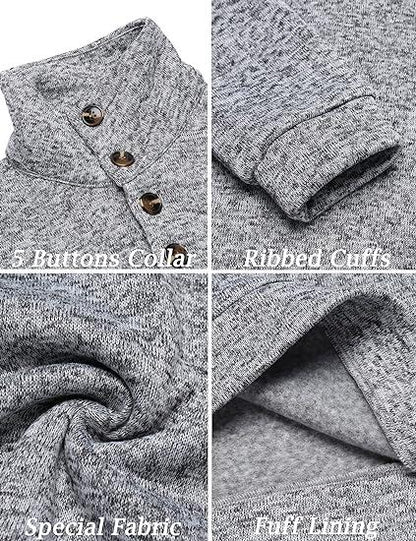 Men's Quarter Button Henley Sweater Casual Knitted Sweatshirt Mock Neck Thermal Fleece Pullover Sweater with Pocket