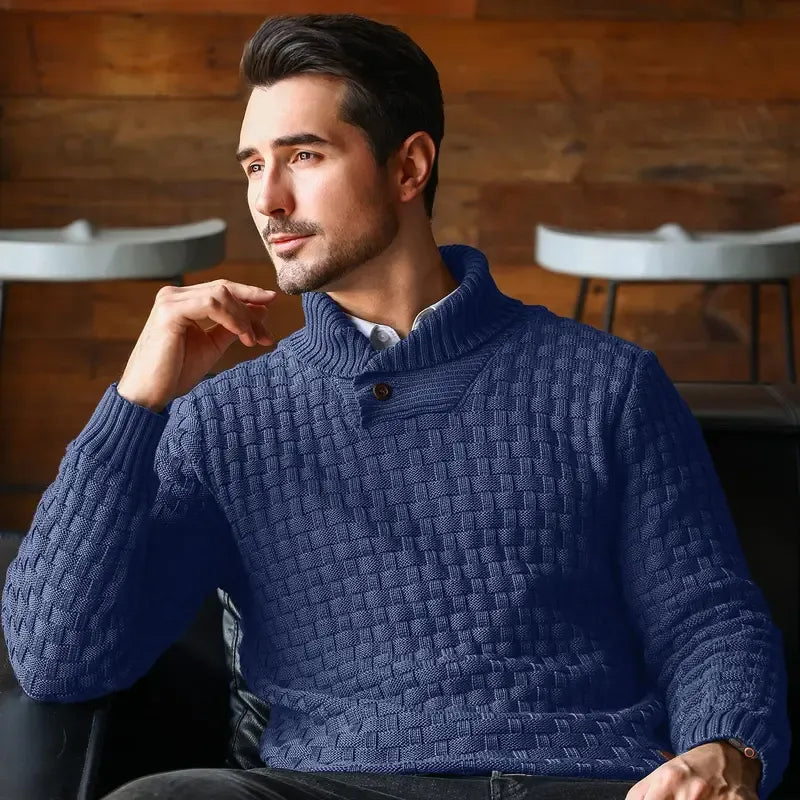💚Men's Regular Textured Patched Detail Shawl Collar Sweater